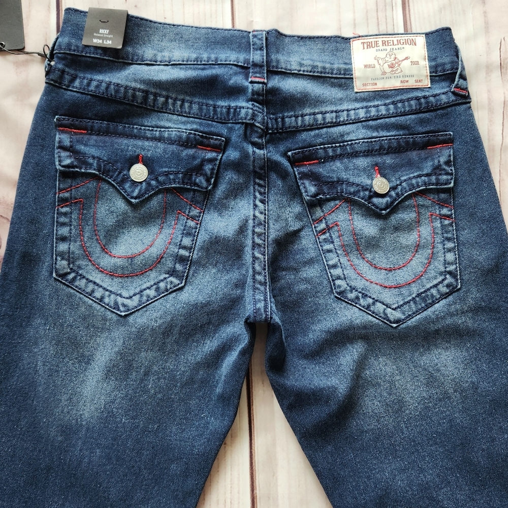 NWT True Religion "Ricky Big T Flap Straight" Leg Blue Jean | Men's Size 34x34 - Picture 6 of 12